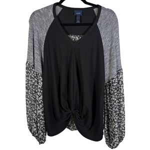 Daytrip Womens Black Waffle Knit Floral Mixed Media Knot Front Top M ACT10100A